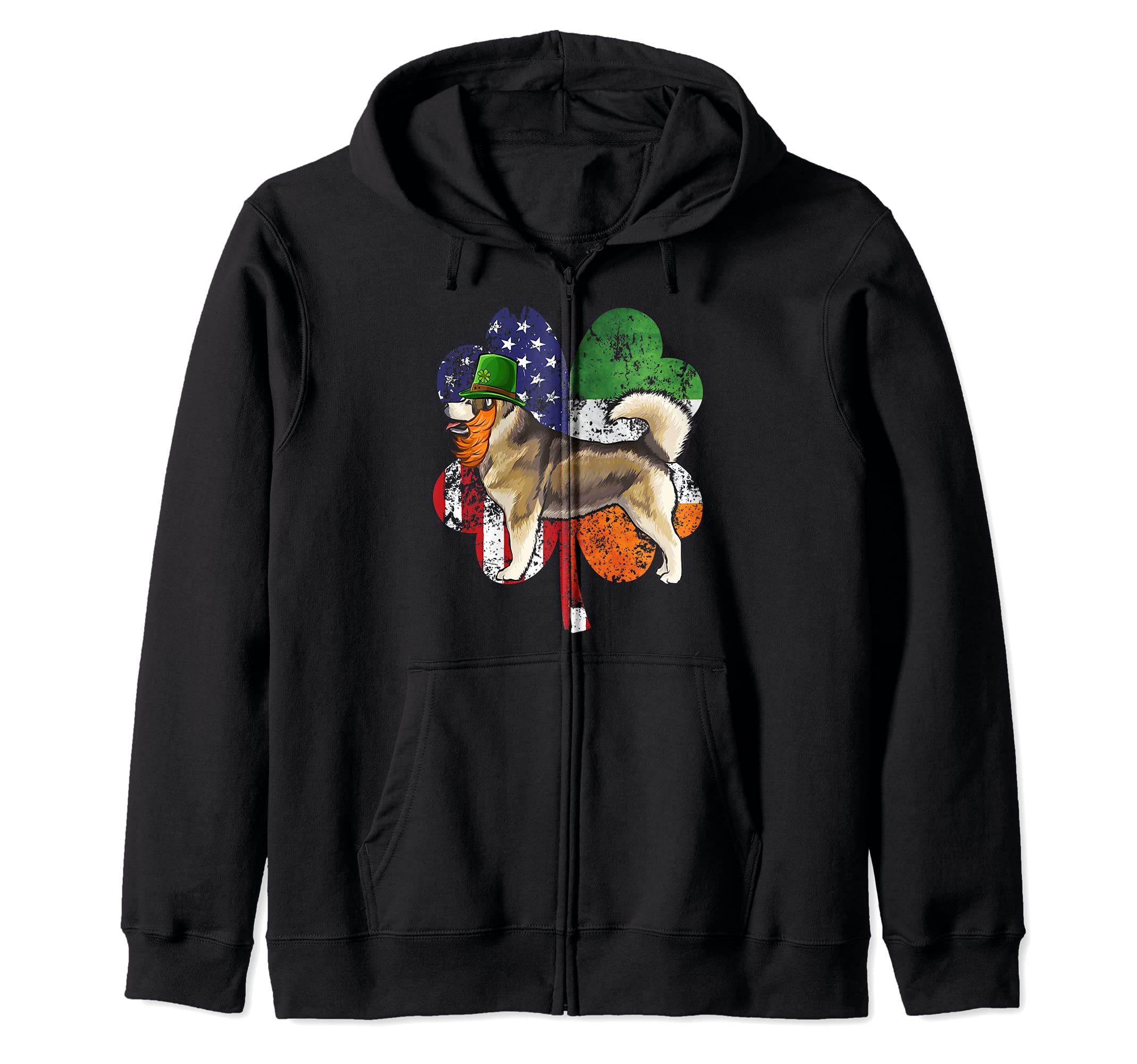 St Patricks Day Irish American Flag Alaskan Malamute Dog Zip Hoodie