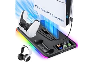 BRHE PS5/Slim/Pro Cooling & Charging Station with Cooling Fan,PS5/Slim/Pro Stand for Disc & Digital Console,PS5 Controller Charger,PS5 Accessories with 3 Charging Ports,Headset Holder