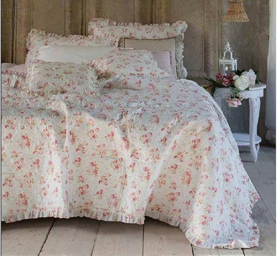 Couvre lit Boutis avec 2 Taies d'Oreiller Shabby Chic et Romantique