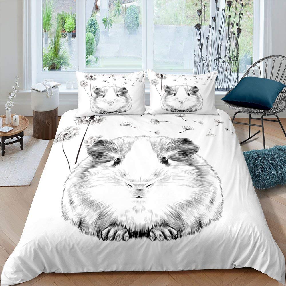 Homewish Guinea Pig Duvet Cover Dandelion Bedding Set Double Size Cartoon Guinea Pig Quilt Cover For Kids Cute Animal Plant Comforter Cover,Gray White Bedspread Cover Bedroom Living Room Decor