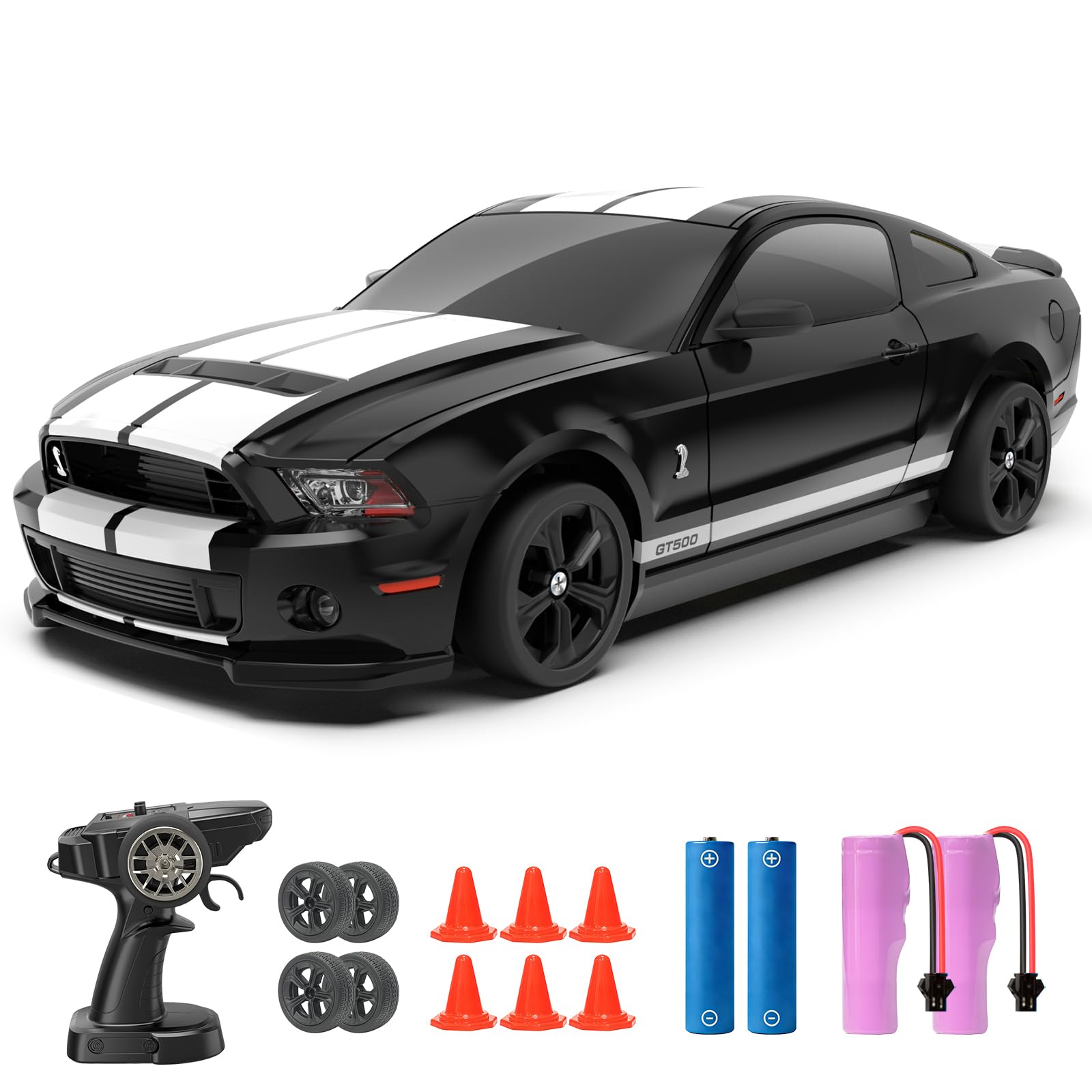 YONCHER RC Drift Car, Remote Control Car for Kids Ford Mustang Shelby GT500 Officially Licensed, 1:24 20KM/H 4WD RC Cars with Lights, Fast Racing Toy Car for Boys Girls, Black — image 1