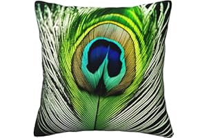 Pyjwyfmy Green Peacock Feather Print Throw Pillow Cover – Decorative Pillow Case for Couch, Sofa and Bed in Various Sizes