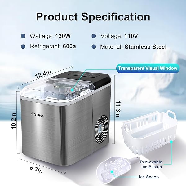 GREATRUE COUNTERTOP ICE MAKER, 9 ICE CUBES IN 6 MINS, 33 LBS/24 HRS, 2 ICE CUBE SIZES, SELF-CLEANING, QUIET OPERATION, COMPACT DESIGN FOR HOME/OFFICE/KITCHEN/CAMPING (STAINLESS STEEL)