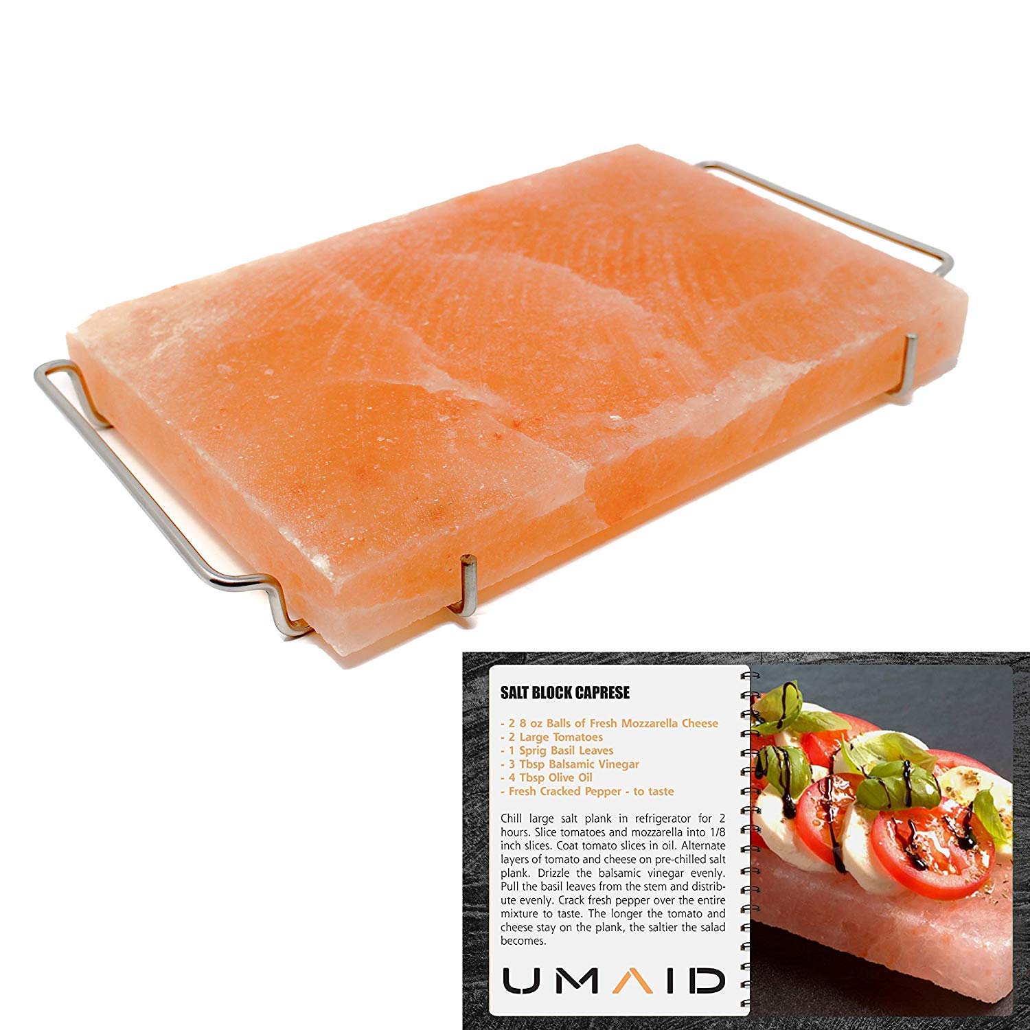 UMAID Natural Himalayan Salt Block Cooking Plate 12 X 8 X 1.5 for Cooking, Grilling, Cutting and Serving, Food Grade Salt with Stainless Steel Tray Set with Recipe Pamphlet: Garden & Outdoor