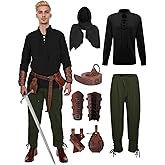 7 Pcs Men's Renaissance Costume Medieval Pirate Shirt Ankle Banded Pants Viking Costume Accessories Set