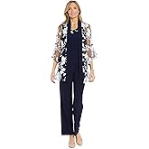 3PC Floral Threadwork Pantsuit Set W/Sheer Bell Sleeve Duster Jacket