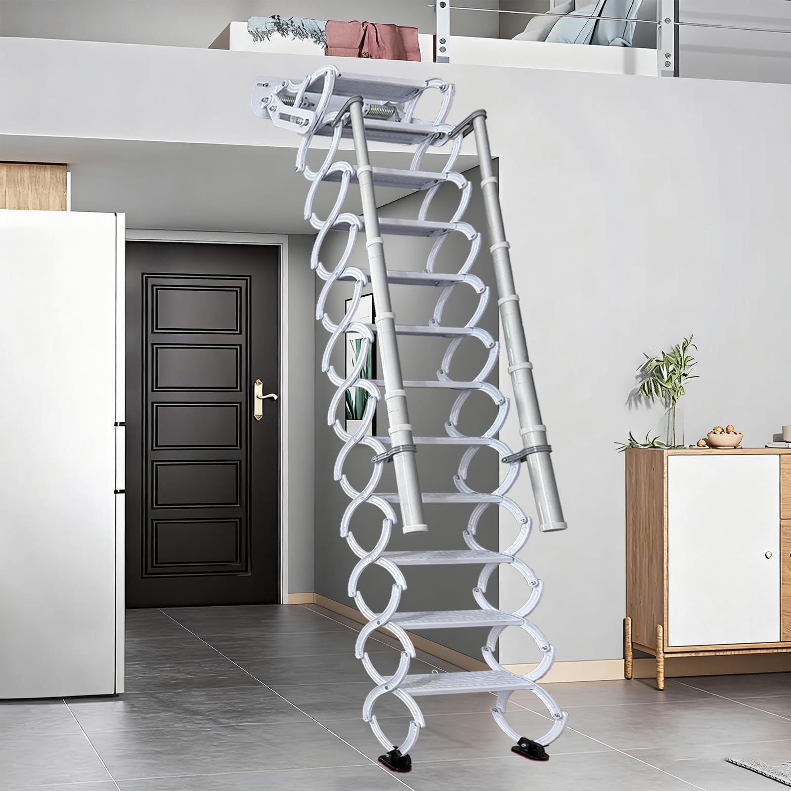 Photo 1 of 12 Steps Wall-Mounted Folding Stairs for Attic, Attic Ladder Pull Down System with Retractable Handrail& Pull Rod, Anti-Slip Steps, Attic Stairs for Home (White, 9.6-10ft)