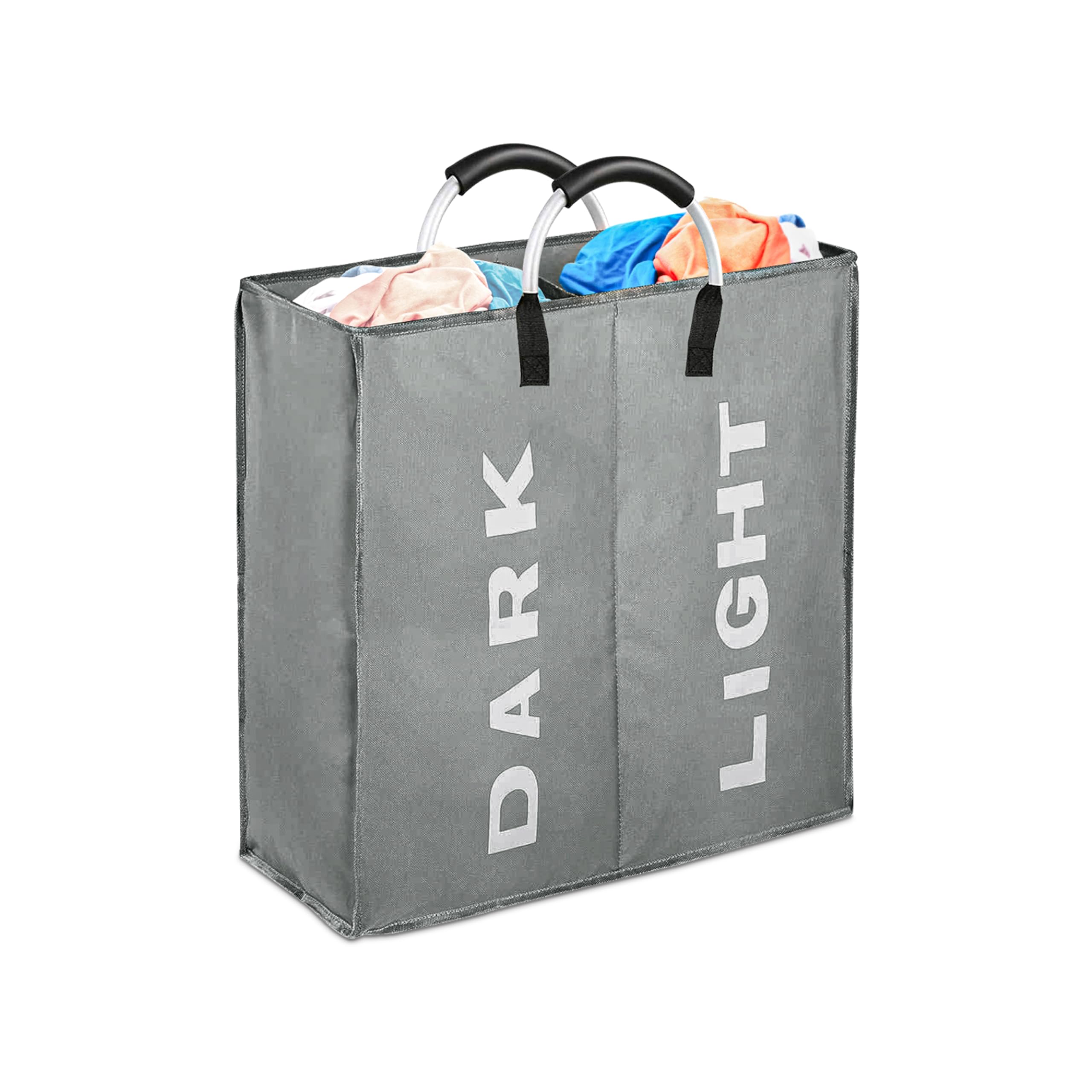 SPICOM 80L Laundry Basket with 2 Compartments Aluminium Handles Fabric Collapsible Foldable Laundry Bags Hamper Washing Storage Bin for Bedroom PE Coating Waterproof Texture (Dark Grey, 80L)