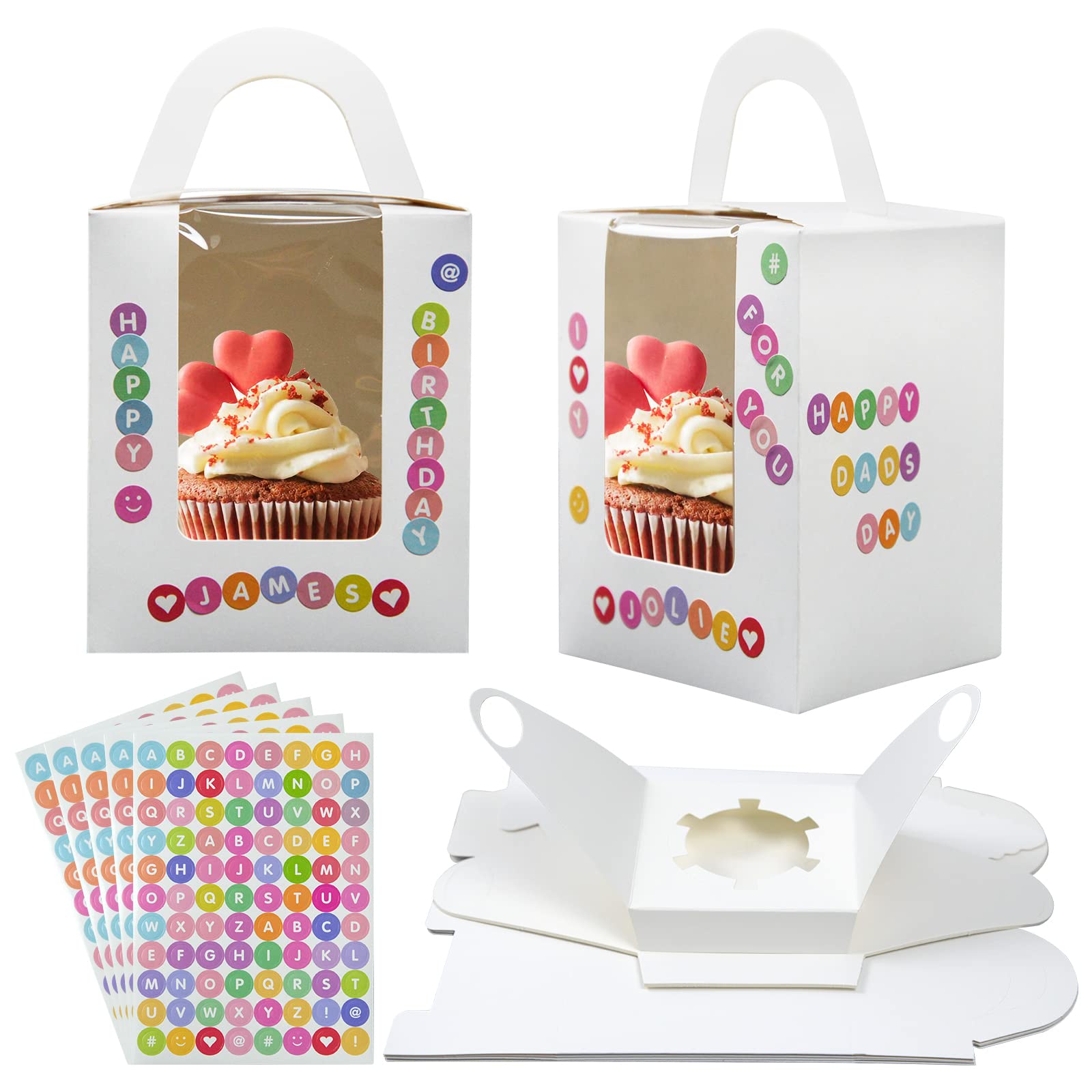 10pcs Single Cupcake Boxes, Individual Cupcake Box 1 Hole White Fairy Cake Box with Clear Window Muffins Cardboard Box with Inserts Teeth and 5 Sheets DIY Alphabet Stickers for Birthday Wedding
