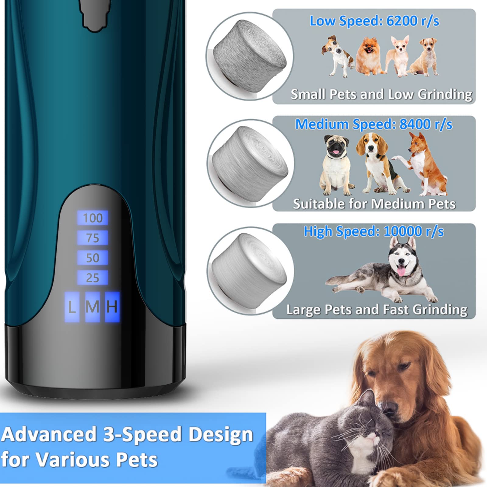 Quiet Dog Nail Grinder With 7 Speeds & Dust Sponge - Rechargeable Pet Nail Trimmer For Small, Medium, Large Dogs