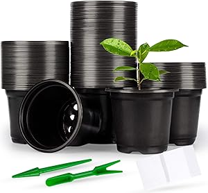 100PCS Plastic Nursery Pot 4Inch Seed Starting Pots with 100 Pcs Planting Tags and 2 Pcs Mini Garden Tools for Succulents, Seedlings, Cuttings, Transplanting, Black