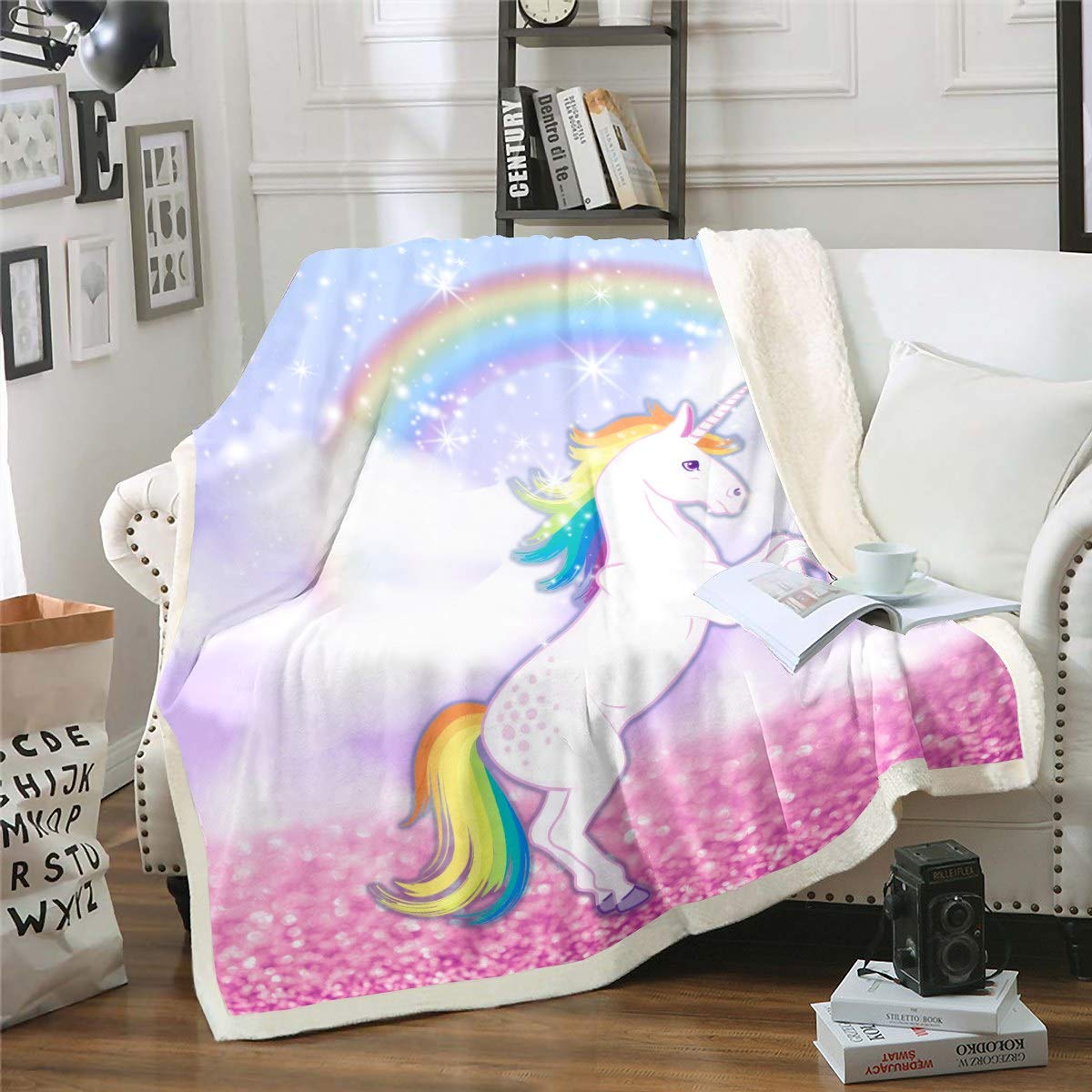 Loussiesd Kids Unicorn Sherpa Blanket Child Girls Cartoon Unicorn Print Throw Blanket Magical Animal Print Fleece Blankets Glitter Rainbow Plush Blankets,Room Decor Fuzzy Blanket Single 50"x60",Pink