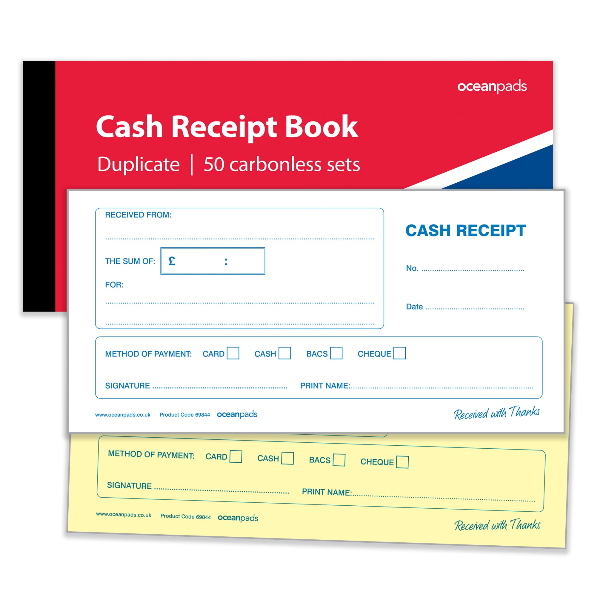 Ocean Pads Cash Receipt Book Duplicate DL White and Yellow, 2-Part Carbonless (69844)