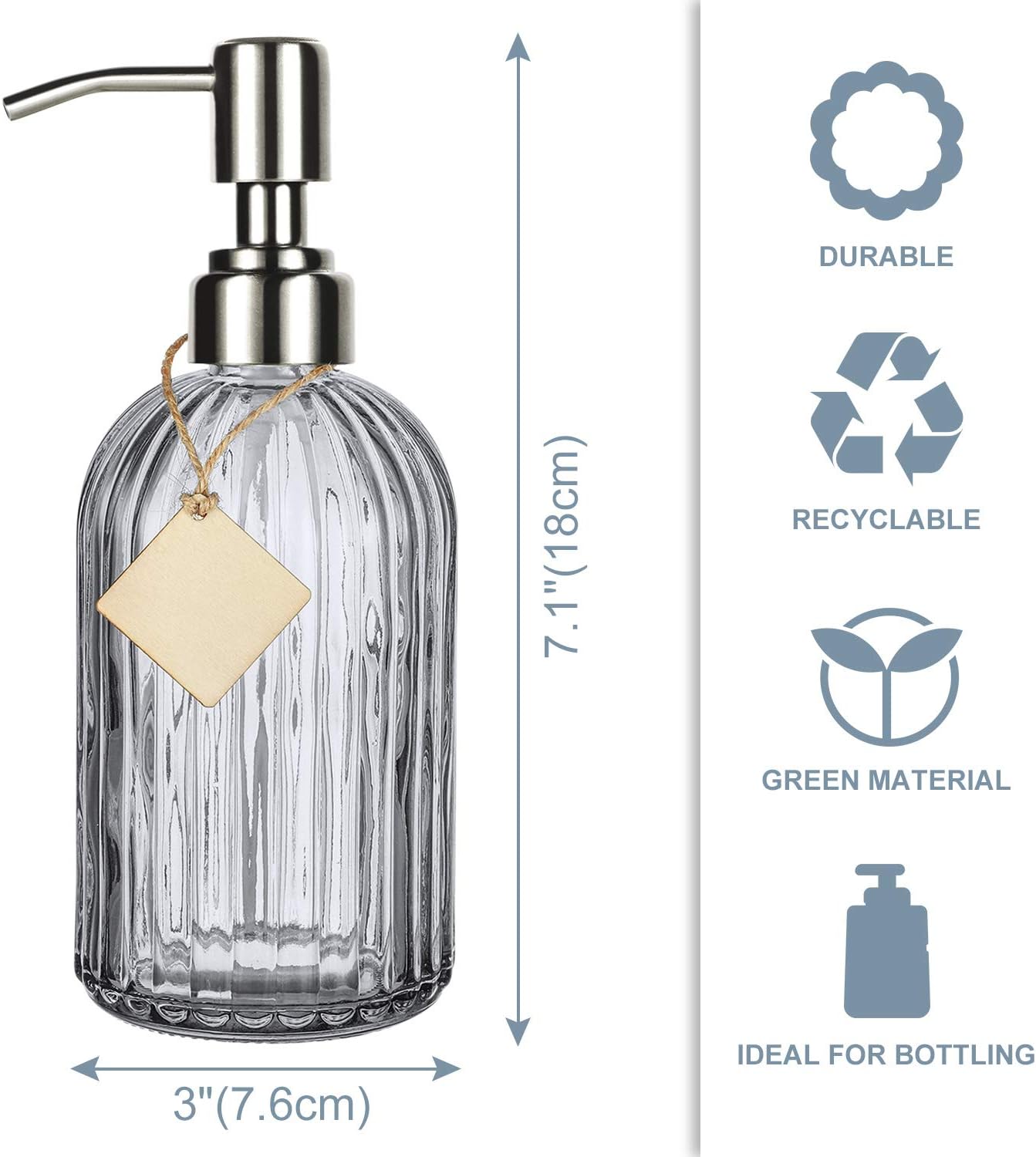 Pretigo Bathroom Soap Dispenser with Premium Clear Glass, Rust Proof Stainless Steel Pump, Refillable Liquid Hand Soap Dispenser 16 Oz (Grey): Home & Kitchen