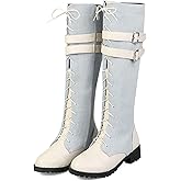 SHEMEE Women's Flat Combat Boot Buckle Riding Knee High Boots Lace Up Chunky Low Heels Gothic Motorcycle Boots with Inside Zipper