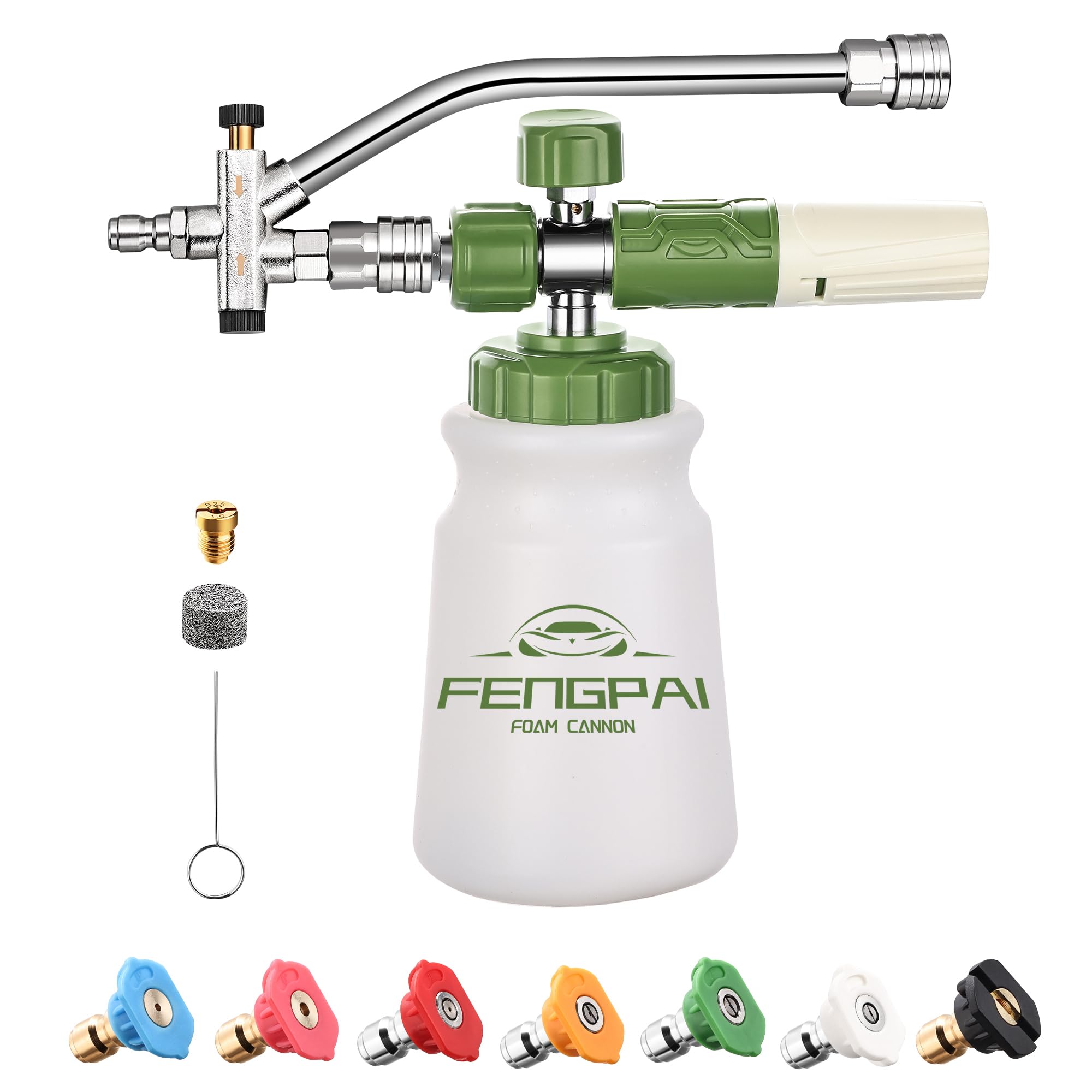 View 1 of **PARTS ONLY** FENG PAI Pressure Washer Foam Cannon with Dual-Connector Accessory & 7 Power Washer Sprayer Nozzles, Double Tip Attachment For Soap Cannon, 1/4" Quick Connect, 3600 PSI, White Bottle