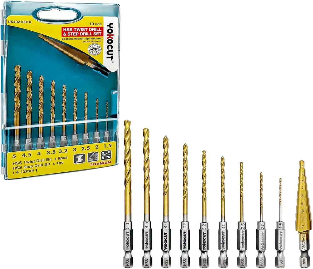 YOKOCUT HSS Hex Shank Drill Bit Set Titanium 1.5-5mm Quick Change + Step Bit