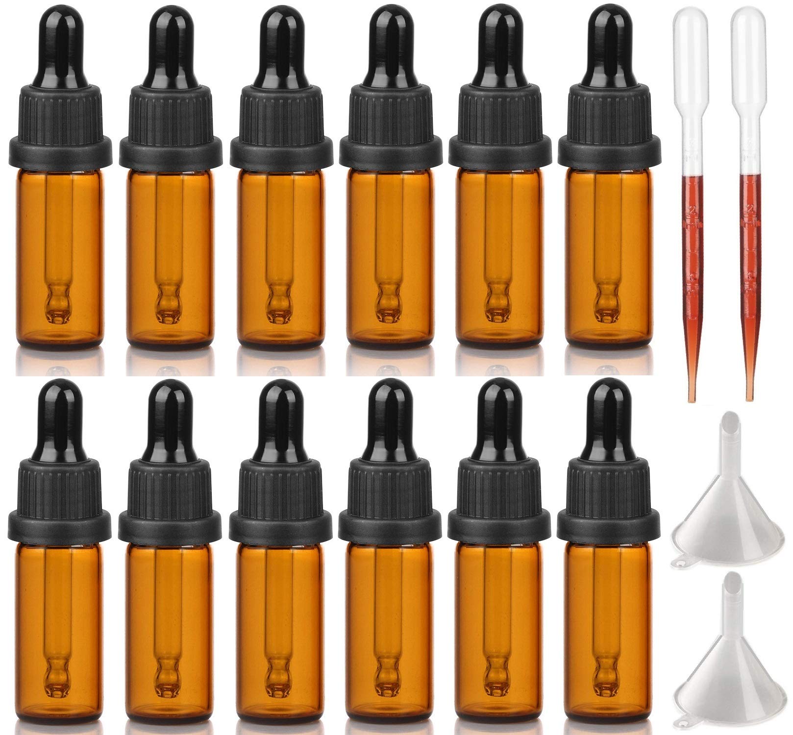 Hyber&Cara 5ml Amber Glass Bottle with Dropper Pipette for Essential Oil Aromatherapy Blends Glass Dropper Bottles, Pack of 12