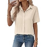 Rapbin Womens Short Sleeve Button Down Shirts Casual V Neck Collared Blouses Work Tops