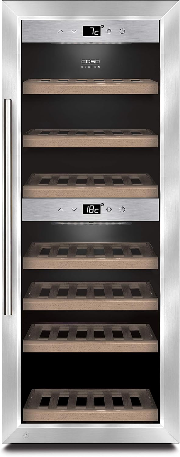 CASO WineComfort 38 | Weinkühlschrank für 38 Flaschen | 2 Zonen auf 5-20°C einstellbar, Touch, LED beleuchtet freistehend, UV-Filterglas, Edelstahl