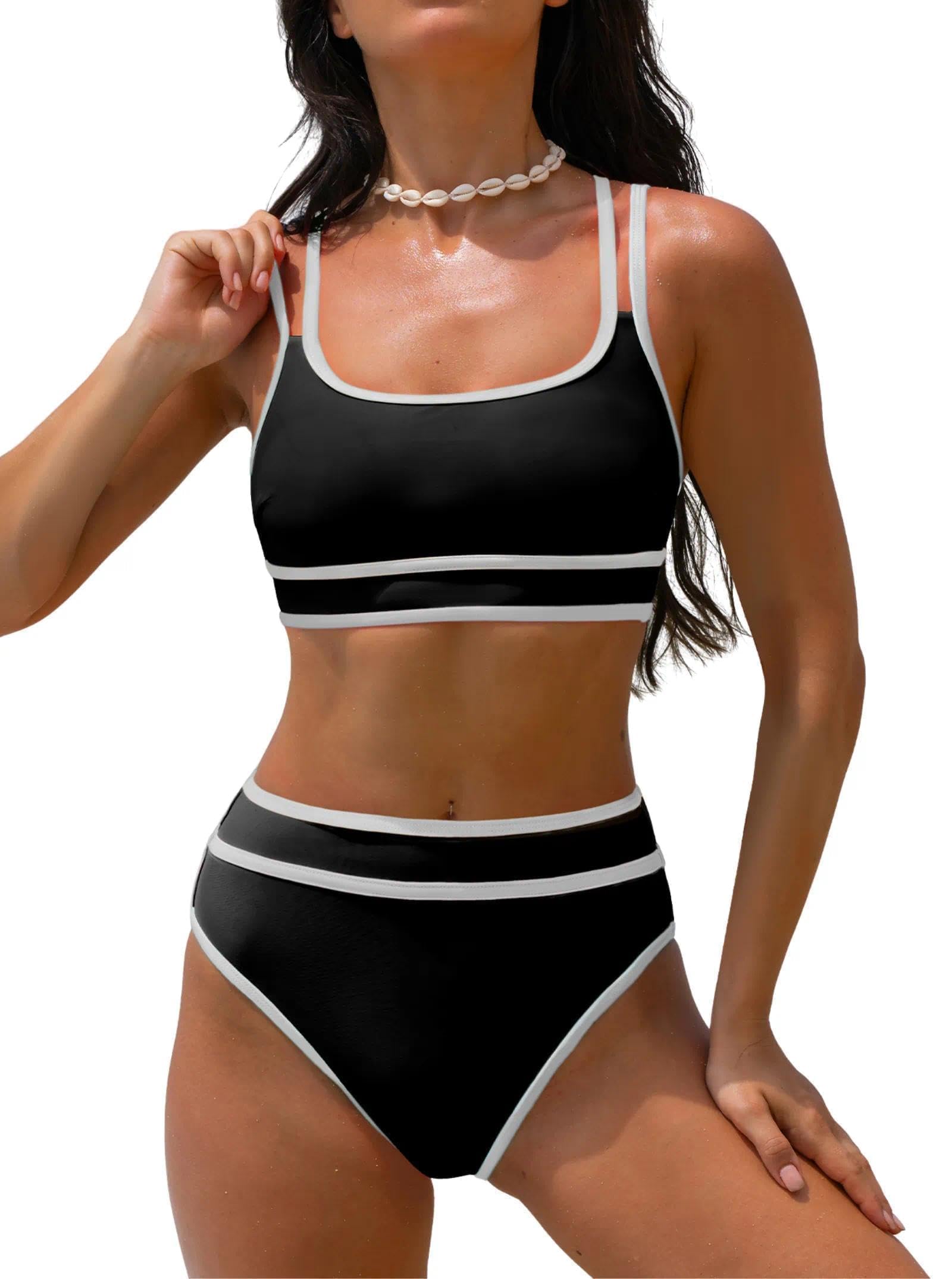 Photo 1 of (XL MEDIUM SIZE) Cpopvil Women's High Waisted Bikini Sets Neon Two Piece 2026 Swimsuit Sporty Adjustable Straps high Cut Bathing Suit Ladies Beach Summer Black