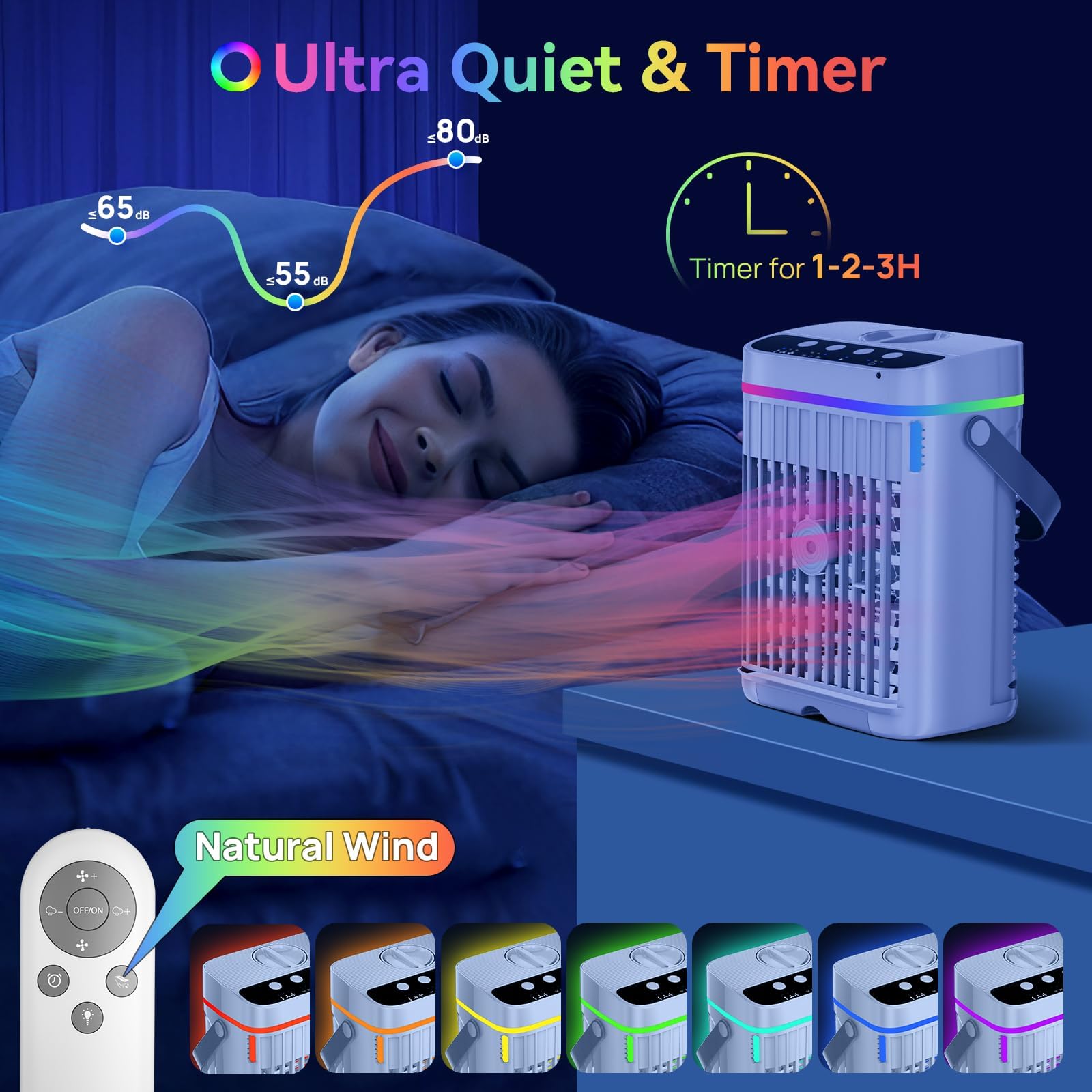 Portable Air Conditioners, Mini Air Conditioner, Personal Air Conditioner, AC Unit Cooling Fan with Remote Control, 3 Speed, 3 Mist, 7 Light,1-3H Timer, Evaporative Air Cooler Fan for Bedroom Office