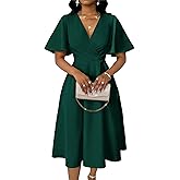 Women's Elegant V-Neck Flowy A-Line Dress Flared Short Sleeves Cinch Waist Cocktail Date Party Midi Dresses