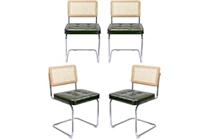 Zesthouse Mid-Century Modern Dining Chairs 4 Pcs, Accent Rattan Kitchen Chairs, Armless Mesh Back Cane Chairs, Upholstered Leather Chairs with Metal Chrome Legs, Green