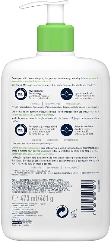 CeraVe Gel de Limpeza Hidratante, Para Pele Normal a Seca, Limpa e Hidrata, Equilíbrio da Pele, Enriquecido com Ceramidas Essenciais e Ácido Hialurónico, Adequado para o Rosto e Corpo, 473ml