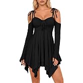 Scarlet Darkness Tie Shoulder Flare Sleeve Renaissance Witch Fairy Dress | Drawstring V-Neck, Flared Bell Sleeves, Pockets, Medium Stretch, Layered Handkerchief Hem. For Daily & Renaissance Events