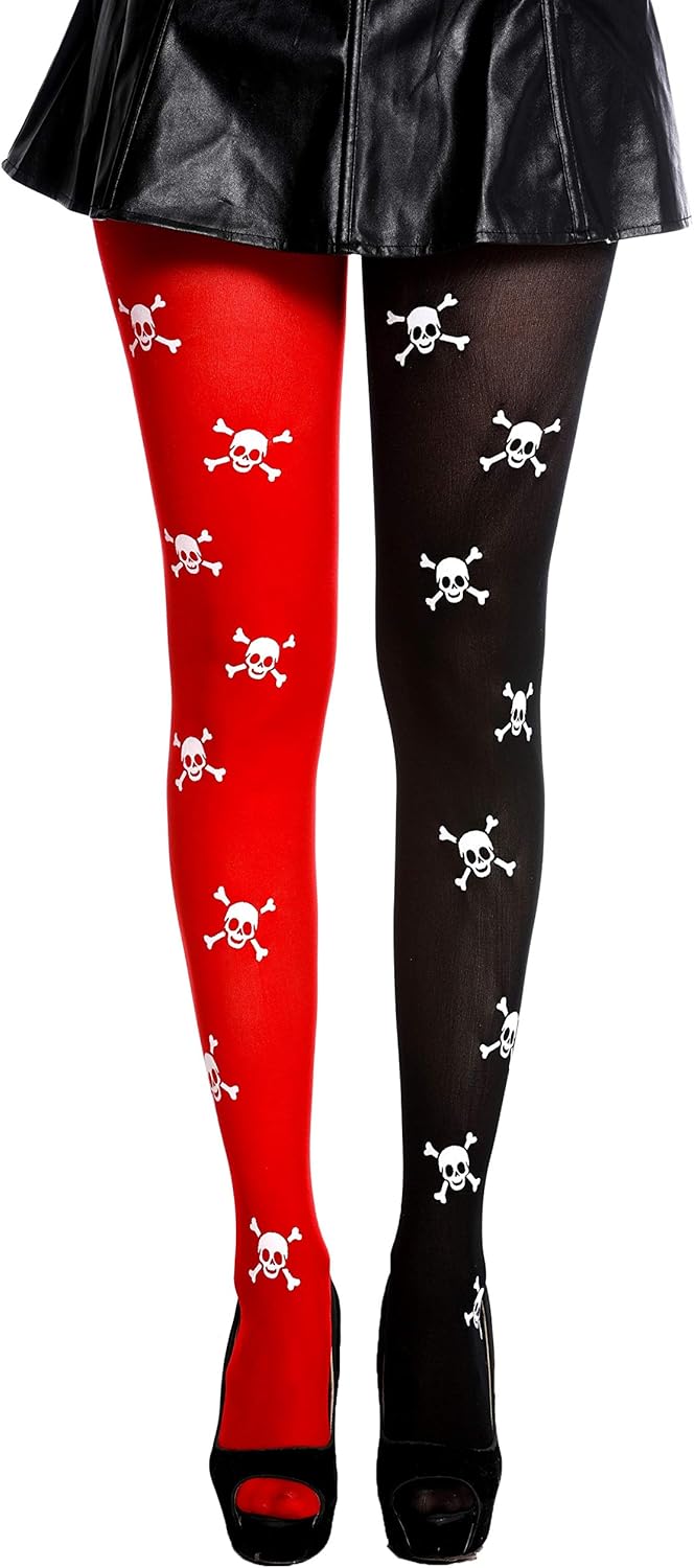 dressmeup - K0820-red&black tights women's tights carnival Halloween red black skulls pirate punk, **Adult** - Image 3