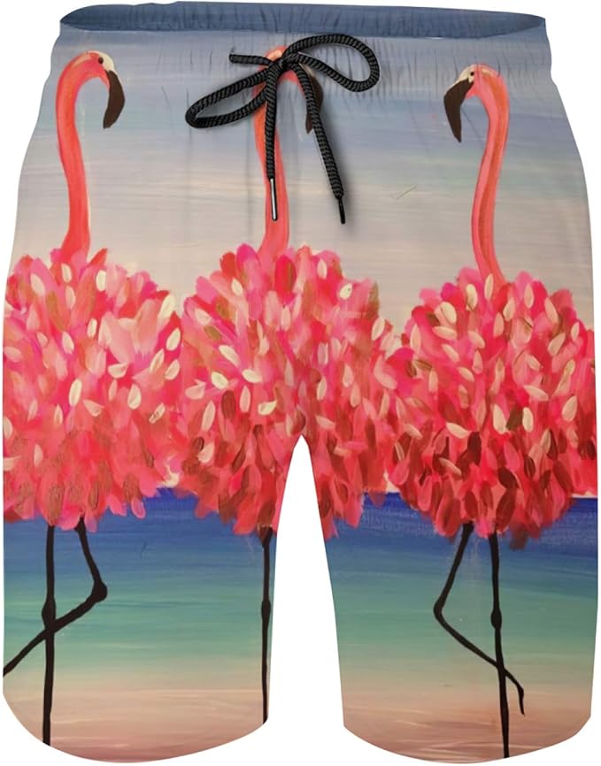 Flamingo Mens Swim Trunks Quick Dry Beach Shorts Board Shorts Funny