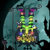 Halloween Lighted Garden Flag for Outside, Led Solar Yard Flag 8 Modes Witch Feet Shape Flag, 12x18 Double Sided Cauldron Eyeball Black Cat Decorations for Home Porch