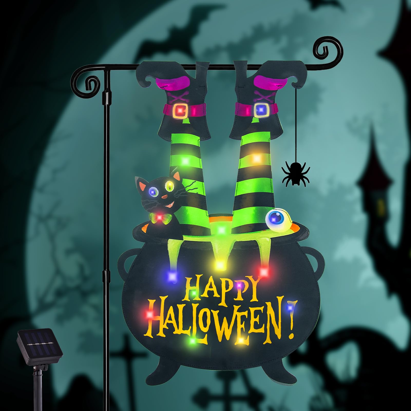 Photo 1 of Halloween Lighted Garden Flag for Outside, Led Solar Yard Flag 8 Modes Witch Feet Shape Flag, 12x18 Double Sided Cauldron Eyeball Black Cat Decorations for Home Porch