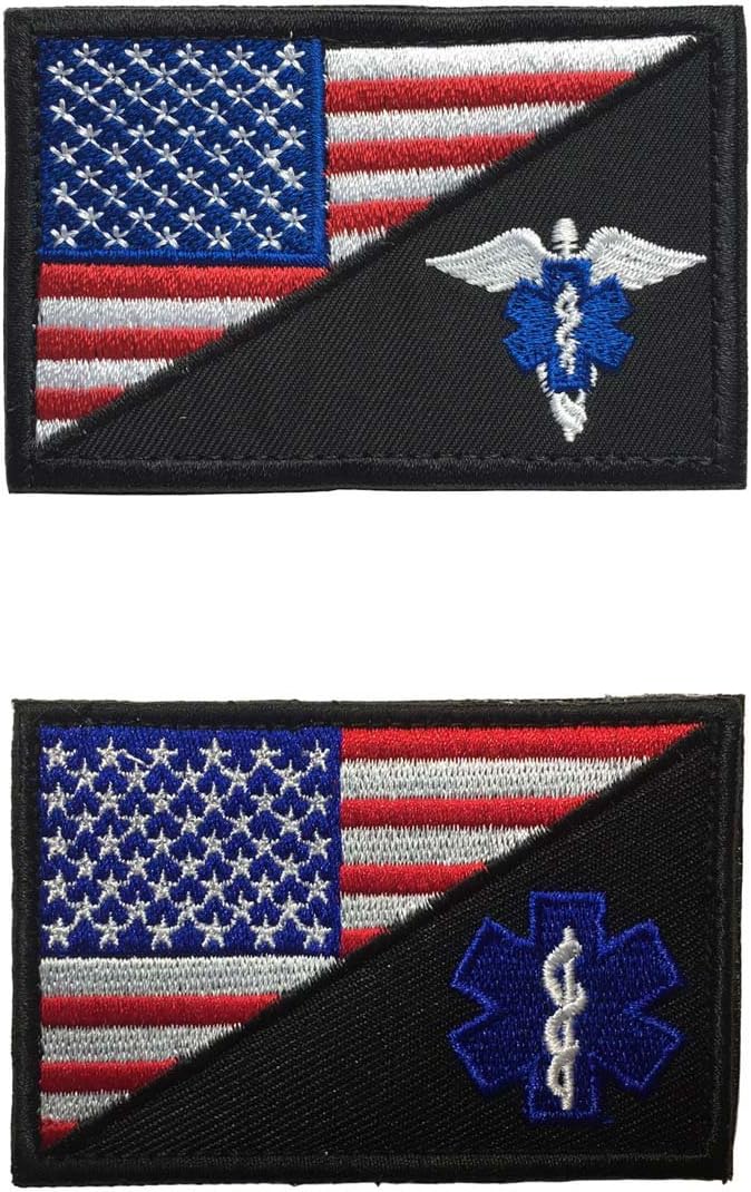 SpaceCar Bundle 2 Pieces USA American Flag w/Star of Life & Caduceus Paramedic Medic Tactical Morale EMT EMS Badge Emblem Decorative Patch 3" x 2" Sized
