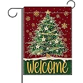 Dyrenson Welcome Christmas Tree Decorative Garden Flag, Red Green Xmas Pine Tree Snowflake Yard Outside Home Decoration, Winter Holiday Burlap Outdoor Small Decor Double Sided 12 x 18