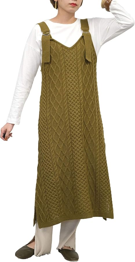 Amazon アンドジェイ ケーブル 編み ニット ジャンパー スカート 4721 レディース ワンピース ロング Vネック M オリーブグリーン ワンピース チュニック 通販