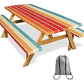 SiorVeol Picnic Table Cover with Bench Covers 72in Camping Essentials Reusable Waterproof Windproof Camping Tablecloth Fitted Rectangle Tables and Seats, Orange Blue Rainbow