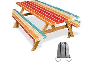SiorVeol Picnic Table Cover with Bench Covers 72in Camping Essentials Reusable Waterproof Windproof Camping Tablecloth Fitted Rectangle Tables and Seats, Orange Blue Rainbow