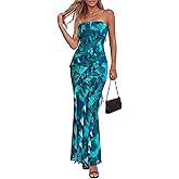 BTFBM Spring Dresses for Women 2026 Strapless Maxi Ruched Bodycon Floral Ruffle Cocktail Formal Wedding Guest Dress
