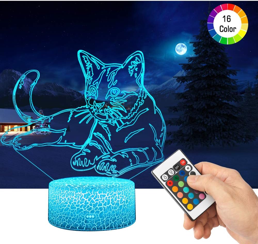 QiLiTd 3D Cat Gifts Toys Decor LED Night Light with Remote Control, 16 RGB Colours Bedside Lamp, Smart Touch Adjustable Brightness, Birthday Party Present Decoration for Baby Boy Girl Kids Women Men