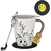 BUYNEED 12.9 oz Guitar Novelty Mug Musical Notes Design Guitar Coffee Cup with Music Cool Themed Lid and Spoon & Coaster,Gifts for Guitar Players Musician,Music Lovers Gift for Women,Men,