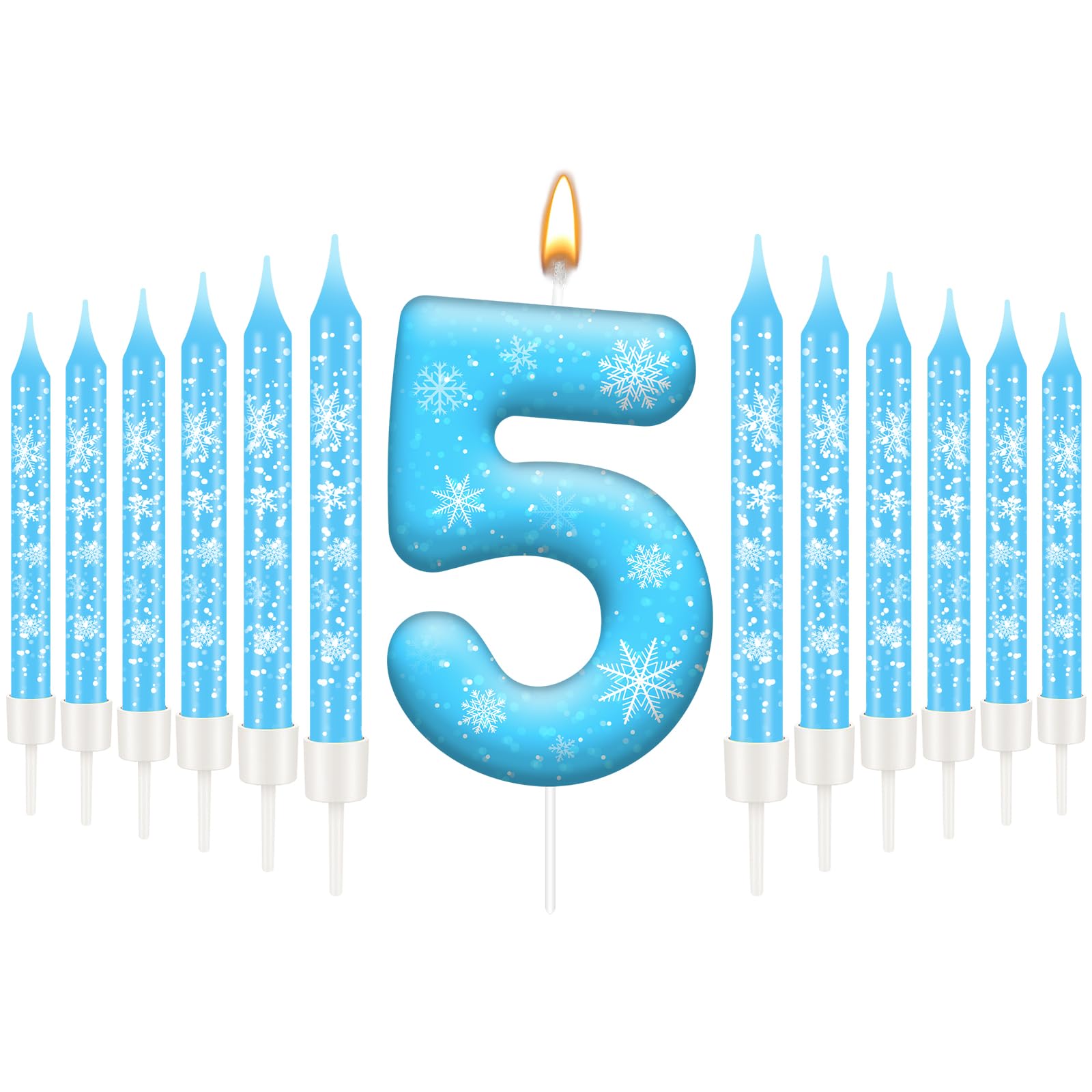 13PCS White and Blue Frozen Themed Party Birthday Candles Set - Blue Number Candles Snowflake Themed Decorations, Girls Party Supplies(Number 5)