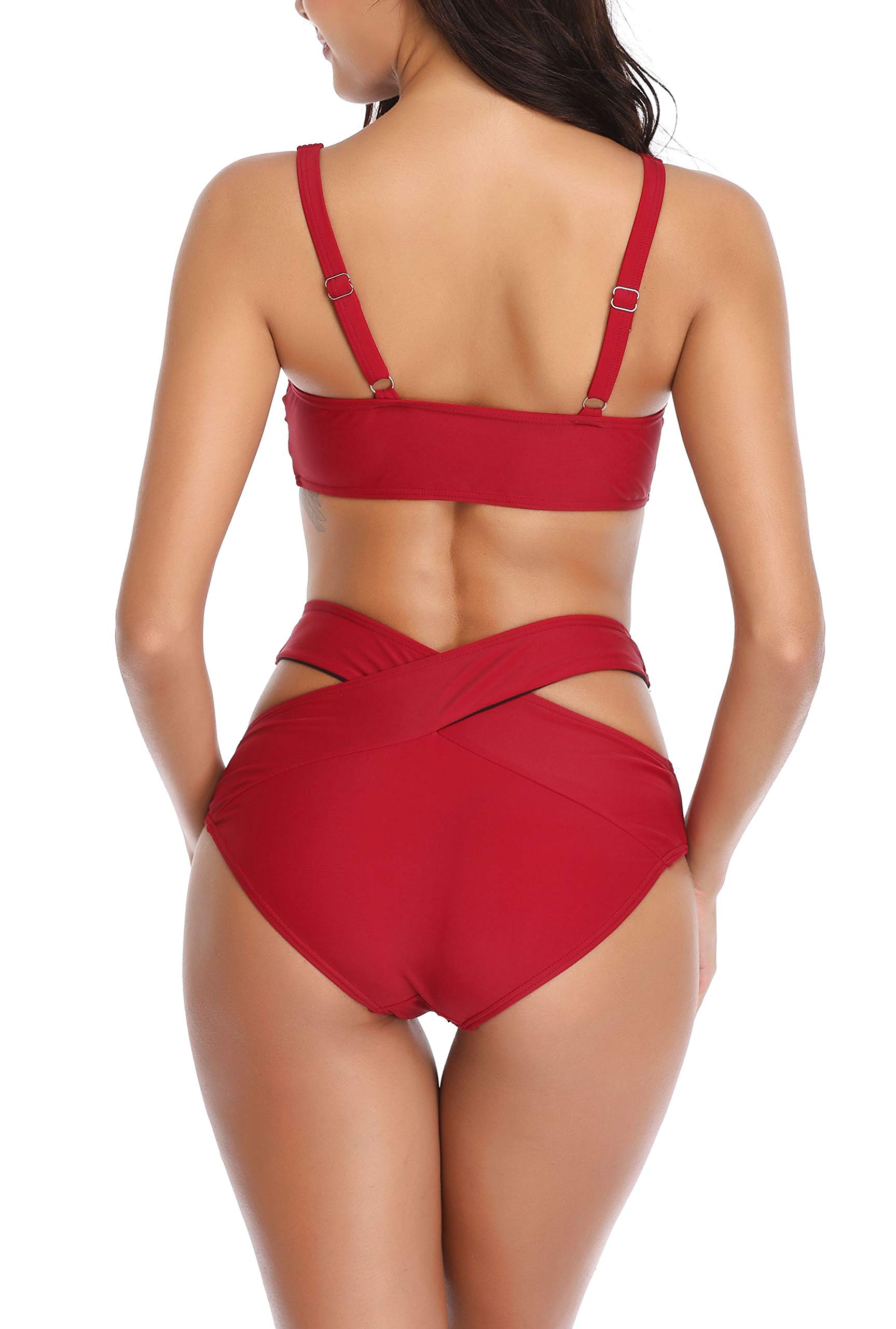 Yong Dong Sexy Two Pieces Swimsuits for Women High Waisted Bandage Push Up Bikini Set Knot Front Bathing Suits Wine Red L