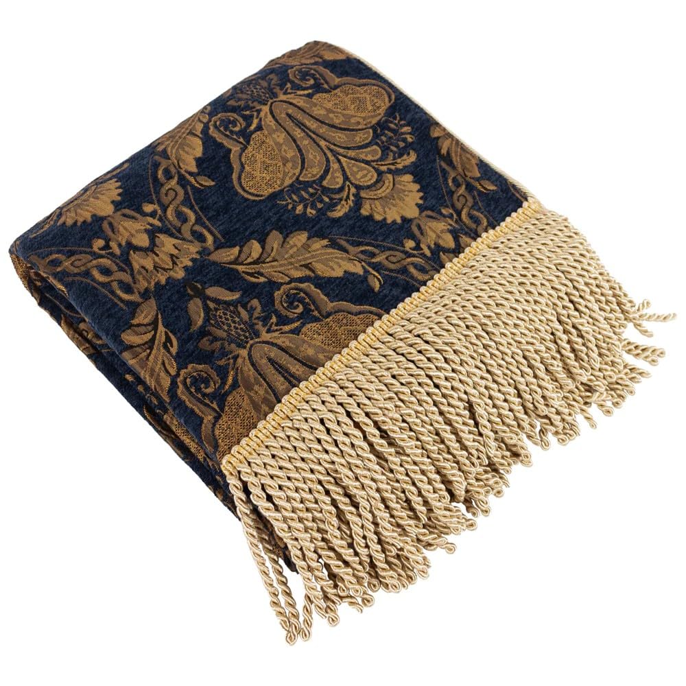 Paoletti Shiraz Floral Jacquard Fringed Throw, 130 x 170cm, Navy