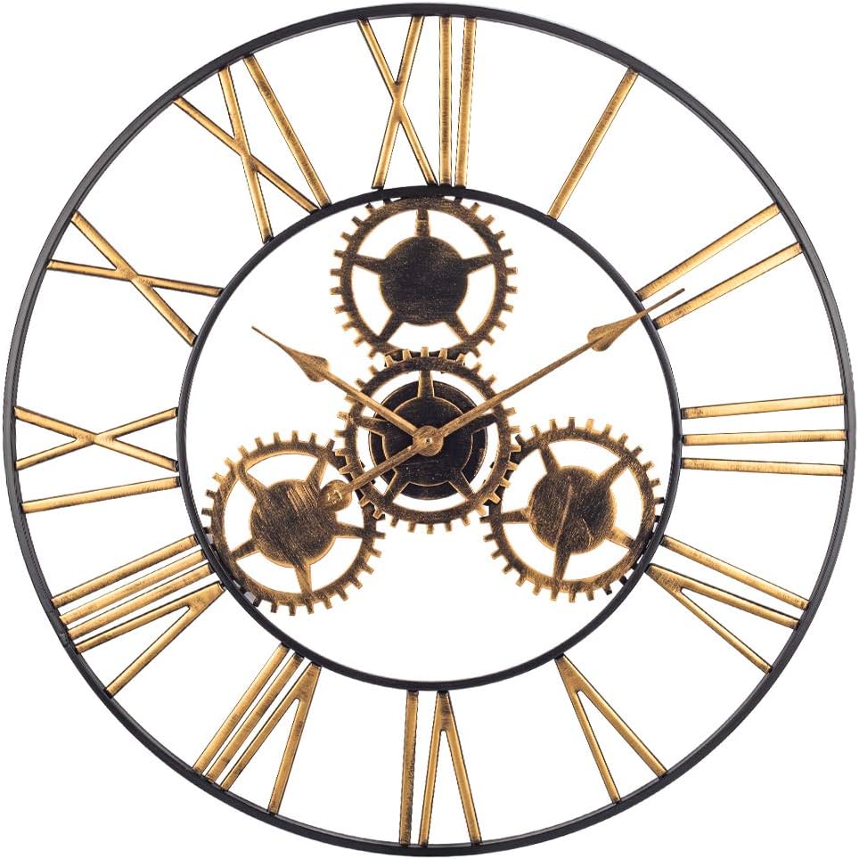 Decorative Wall Clock, Industrial Retro Gear Clock with Roman Numerals, Indoor Silent Battery Operated Metal Clock for Living Room, Kitchen, Bar, Cafe Decor - 24 Inch, Golden Black