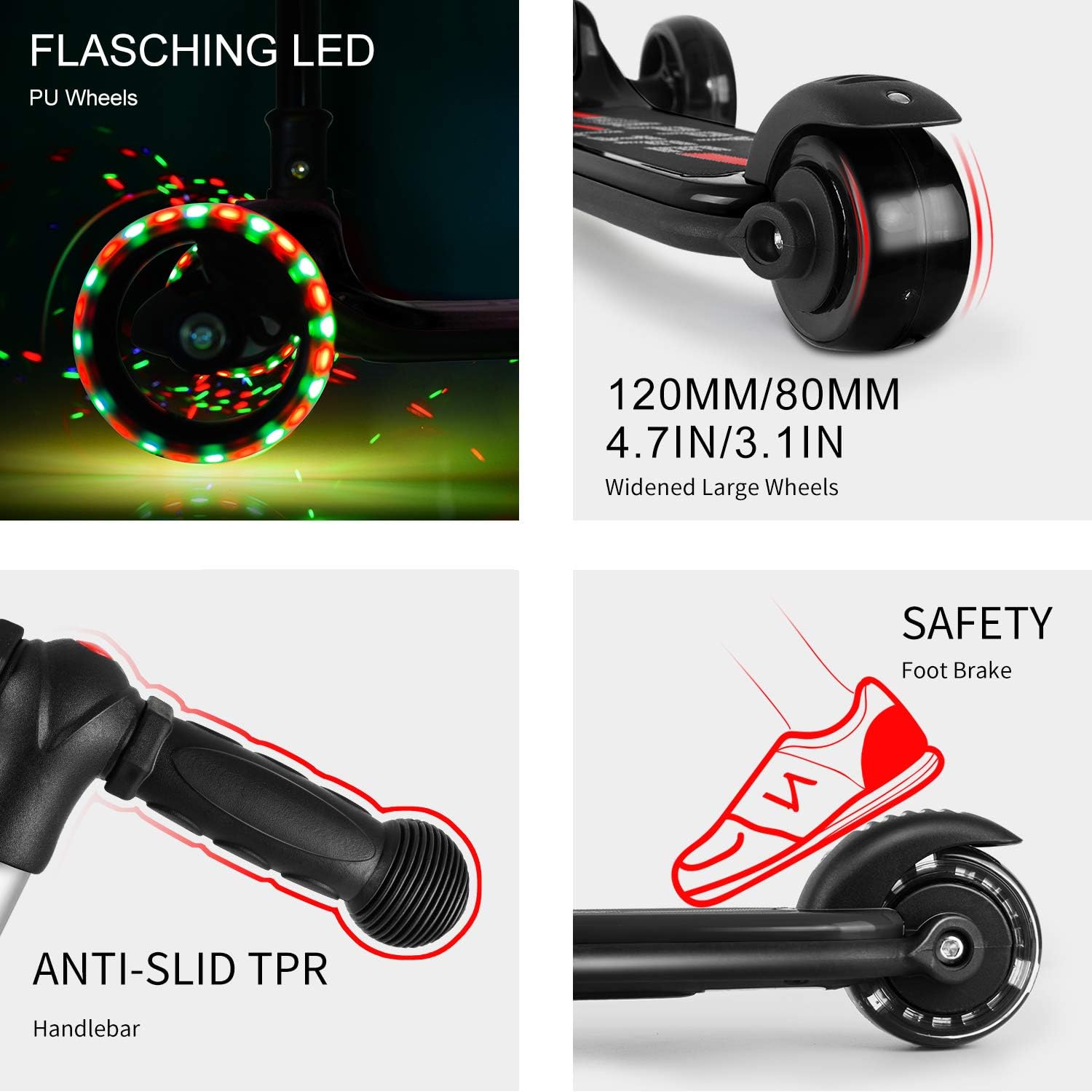 besrey Kids Scooter, Big Wheels Foldable Kick Scooter with Flashing LED Lights for Boys Girls 4 Levels Height Adjustable - Image 4