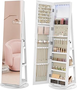SONGMICS Schmuckschrank, Spiegelschrank, mit rahmenlosem Ganzkörperspiegel, 3 Ablagen, 360° drehbar, abschließbar, Oberfläche in Weiß, Innenfutter in Greige JJC007W02