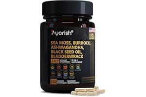 AYORISH Sea Moss Capsule 30:1 High Strength 6000mg Equivalent Per Servings, Black Seed Oil Ashwagandha Ginger Capsules, Turmeric, Moringa, Bladderwrack, Burdock Root, Manuka Honey, Cinnamon 120 Count