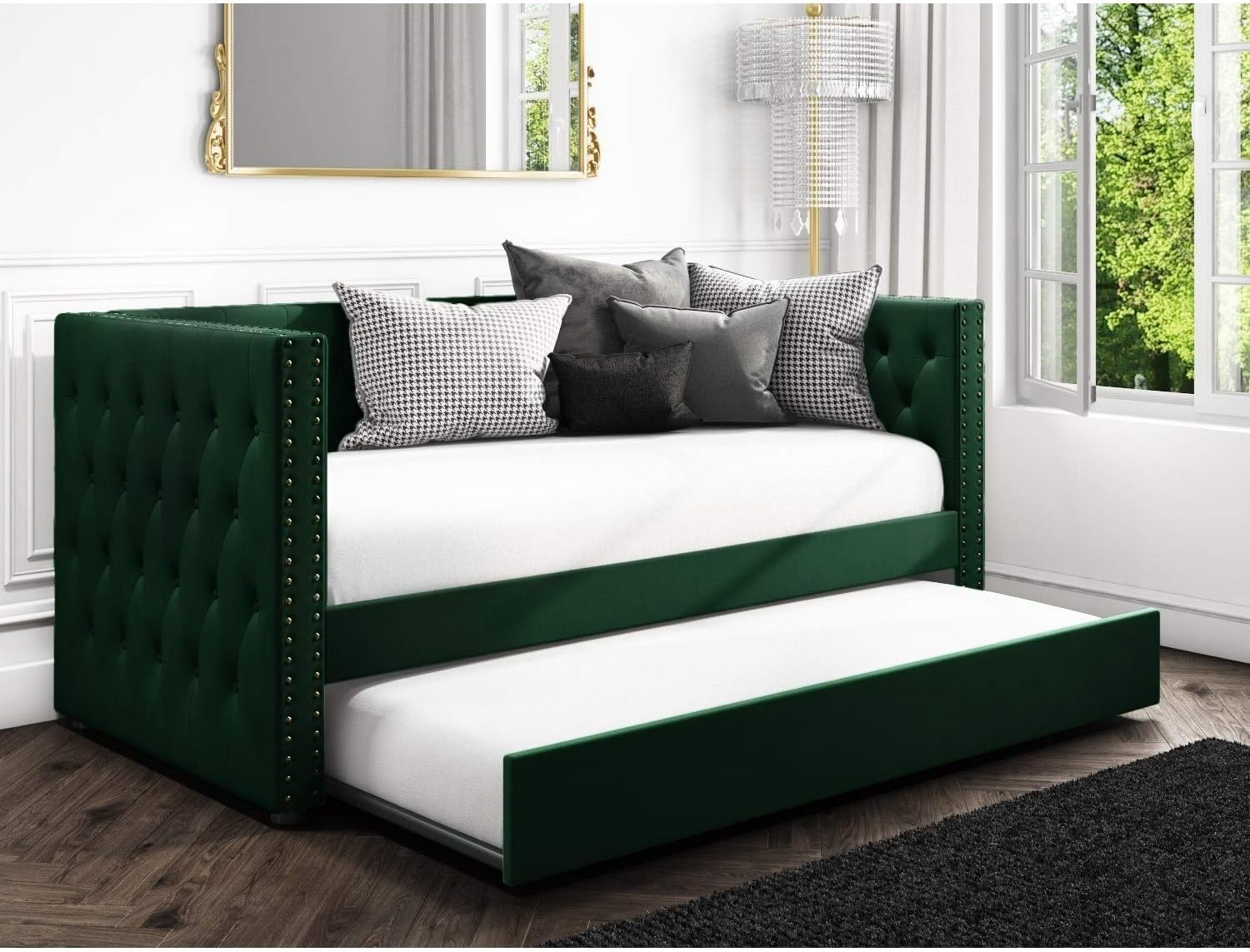 SACHA Velvet Day Bed in Bottle Green - Trundle Bed Included
